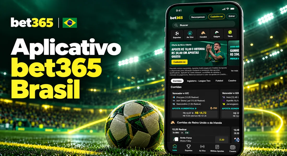 Aplicativo bet365 Brasil em um celular, com estádio ao fundo