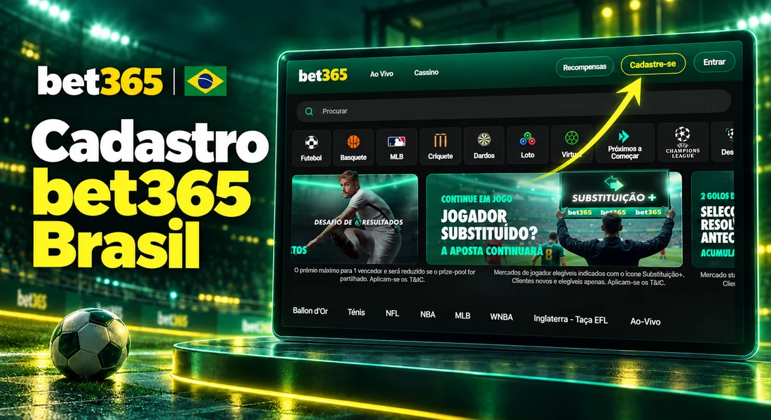 Tela da bet365 Brasil com destaque para o botão de cadastro